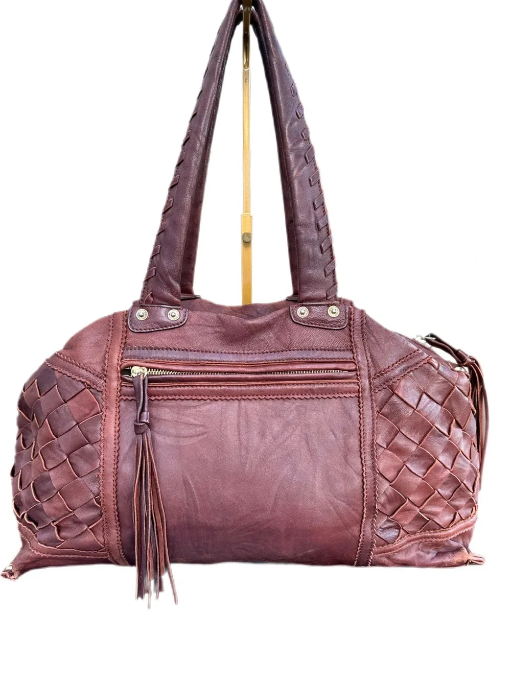 Vintage Bebe Burgundy Brown Leather Woven Boho Satchel Bag Y2K